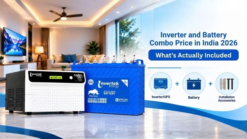 Inverter and battery combo setup with home UPS, battery, and installation accessories