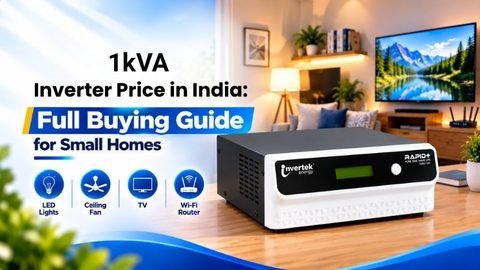 kVA inverter price in India buying guide featuring an Invertek pure sine wave inverter for small homes, suitable for LED lights, ceiling fans, TVs, and Wi-Fi routers.